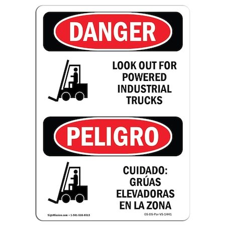 OSHA Danger, Look Out Industrial Trucks Bilingual, 24in X 18in Rigid Plastic